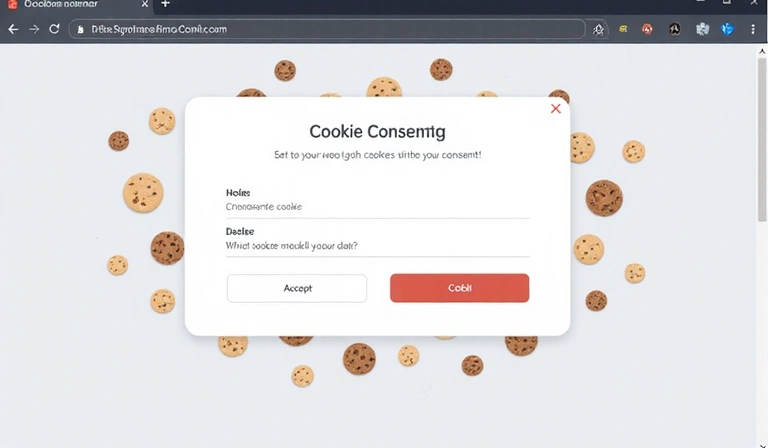Egy számítógép képernyője, amelyen egy süti beleegyezési párbeszédpanel látható, körülötte kis süti ikonokkal