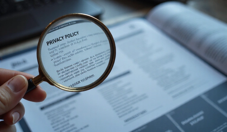 Person holding a magnifying glass over a document, symbolizing privacy and legal review