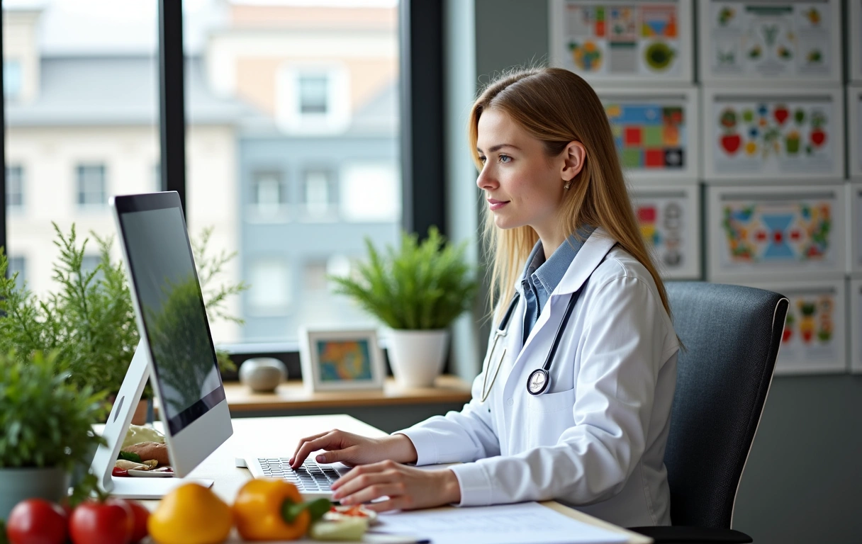 Egy táplálkozási szakember dolgozik a számítógép előtt, diagramokkal és egészséges ételekkel körülvéve, professzionális és modern környezetben.